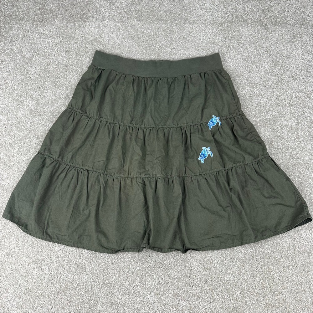 Organic Beach Olive Green Tiered Cotton Mini Skirt Sea Turtle Embroidered Medium
